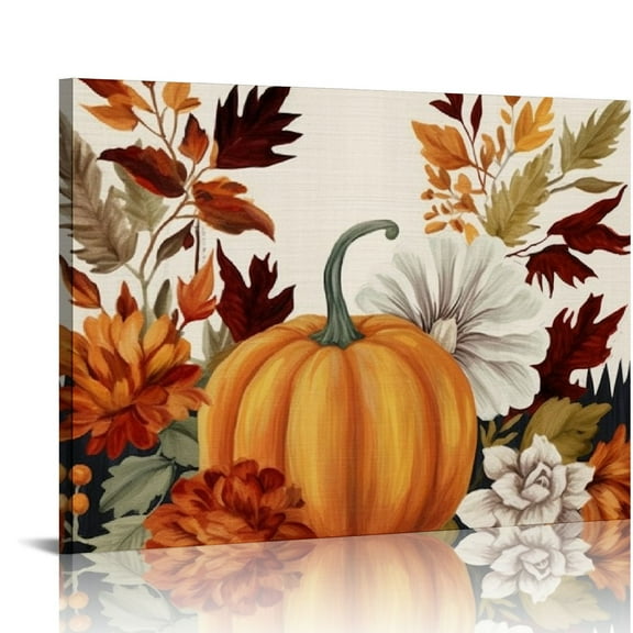 JRXY Printed on Canvas Wall Art Autumn Pumpkin Fall Leaves Thanksgiving Prints Stretched and Framed Farm Floral Retro Linen Picture Artworks for Living Room Bedroom Kitchen 20x16in