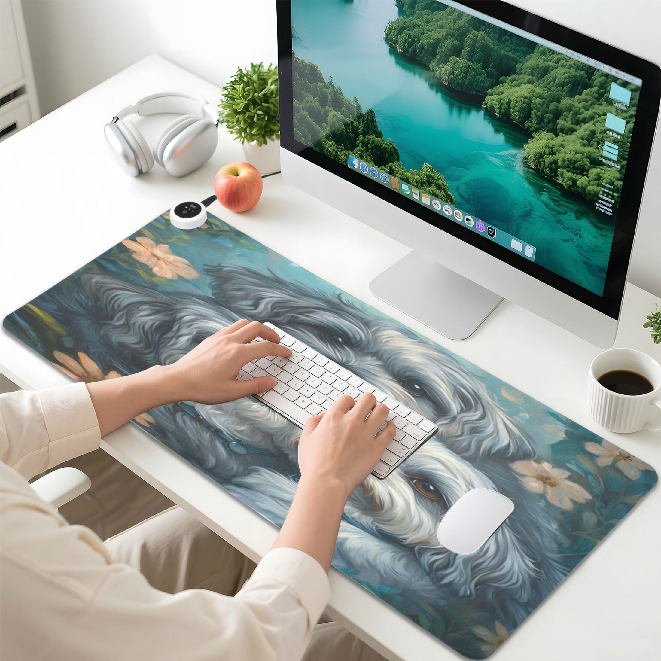 Wobogo Cute Gray Lhasa Apso Dogs Heated Mouse Pad Extra-Large Desk Mat With 3 Heating Levels and 3-hour Auto Shut-Off Protection Ideal for Computer Keyboards Home Office Hand-warming Essential 31.5in