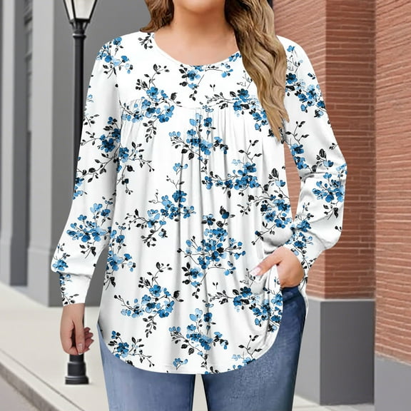 EchfiProm Long Sleeve Tops for Women Plus Size Blouse Casual Oversized Floral Crew Neck Light Blue Ladies Shirts