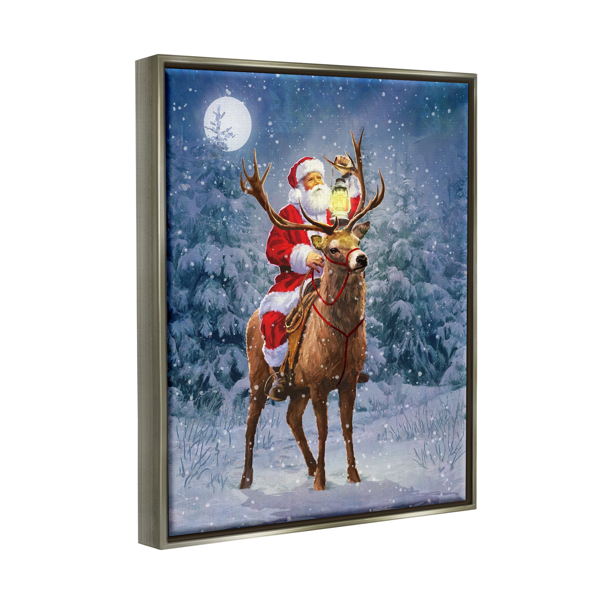 Stupell Industries Santa Riding Reindeer Landscape Holiday Painting Gray Floater Framed Art Print Wall Art