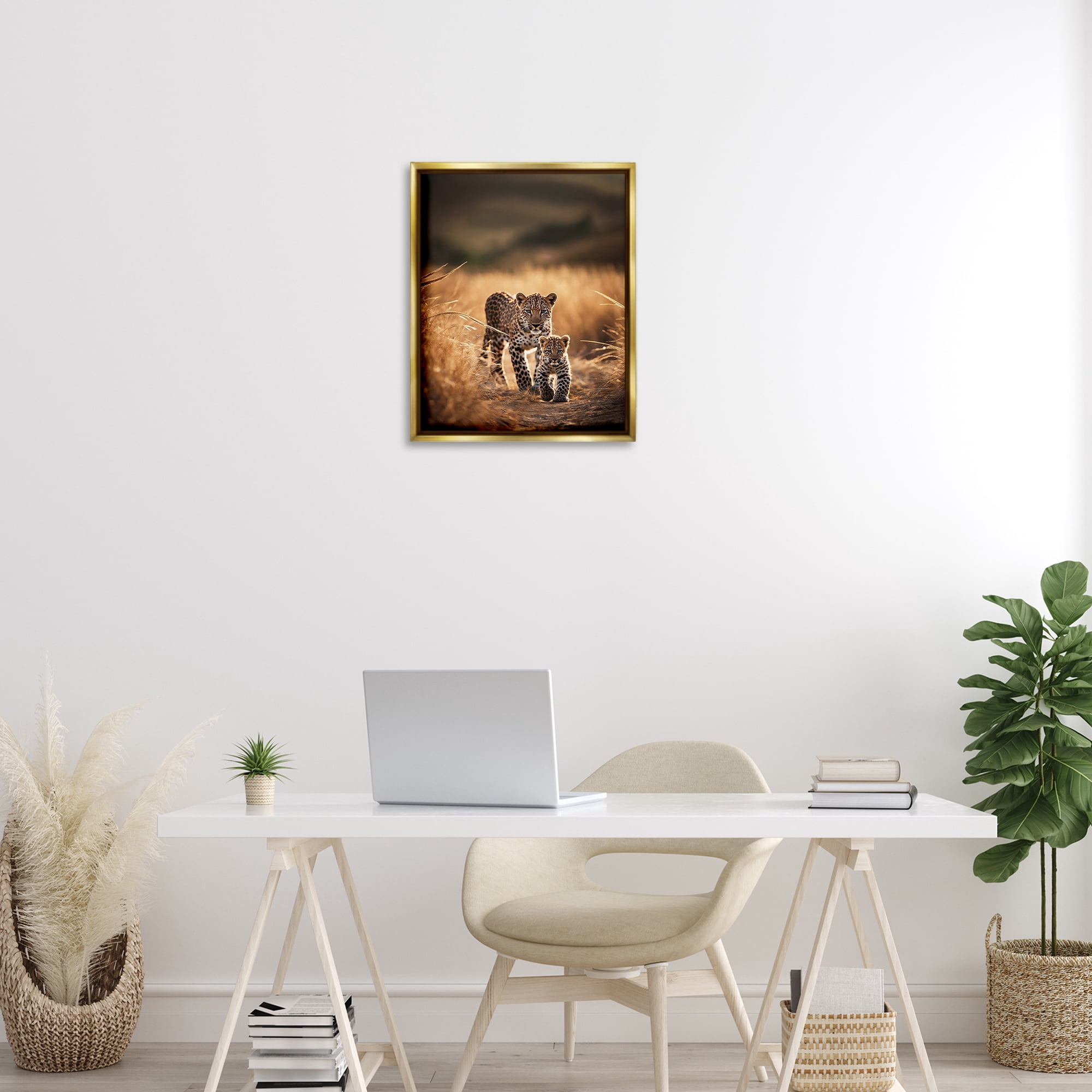 Stupell Industries Cheetah & Cub in Nature Animals Photography Gold Floater Framed Canvas Art Print Wall Art, 17 x 21