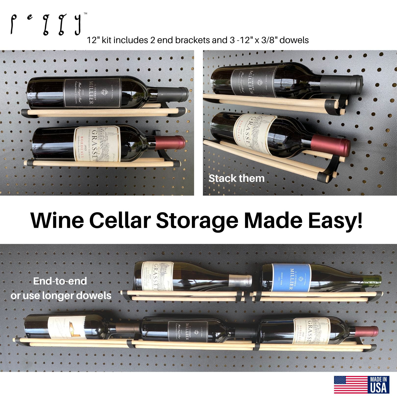 Peggy Pegboard Tape and Ribbon Organizer, Accessory Hook and Dowel Storage for Wrapping, Crafts, Hobby, Wine Rack 12” kit - 6PK