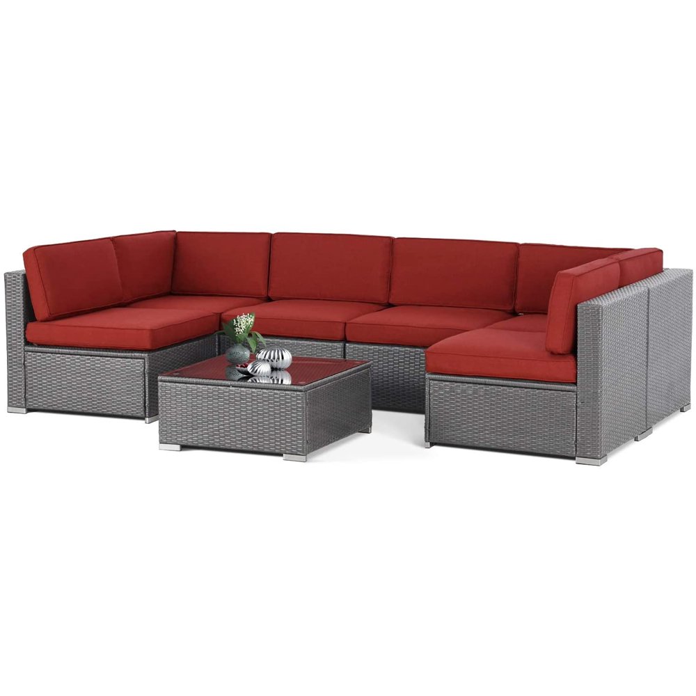 SUNCROWN Outdoor Patio Furniture 7-Piece Sofa Set Grey Wicker, Washable