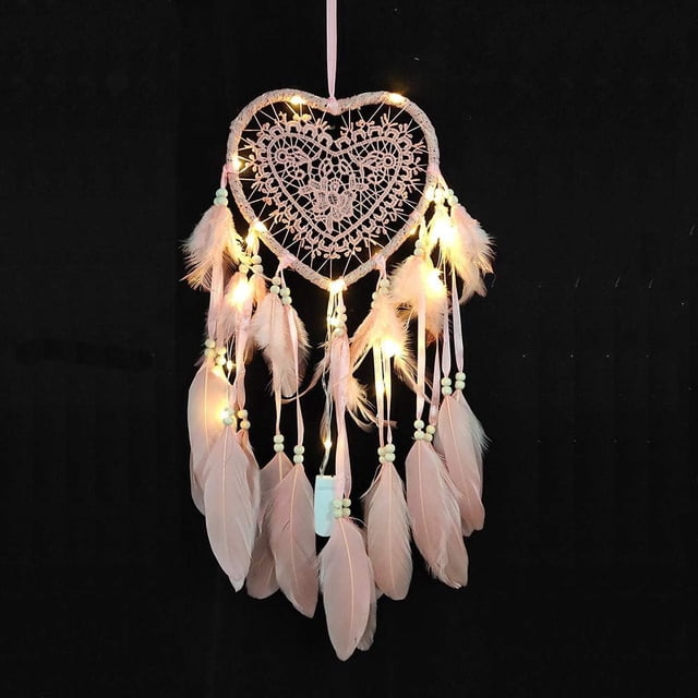 Atrapasueños con forma de corazón, estilo bohemio, hecho a mano, luz LED para colgar en la pared, decoración romántica (blanco, con luces)