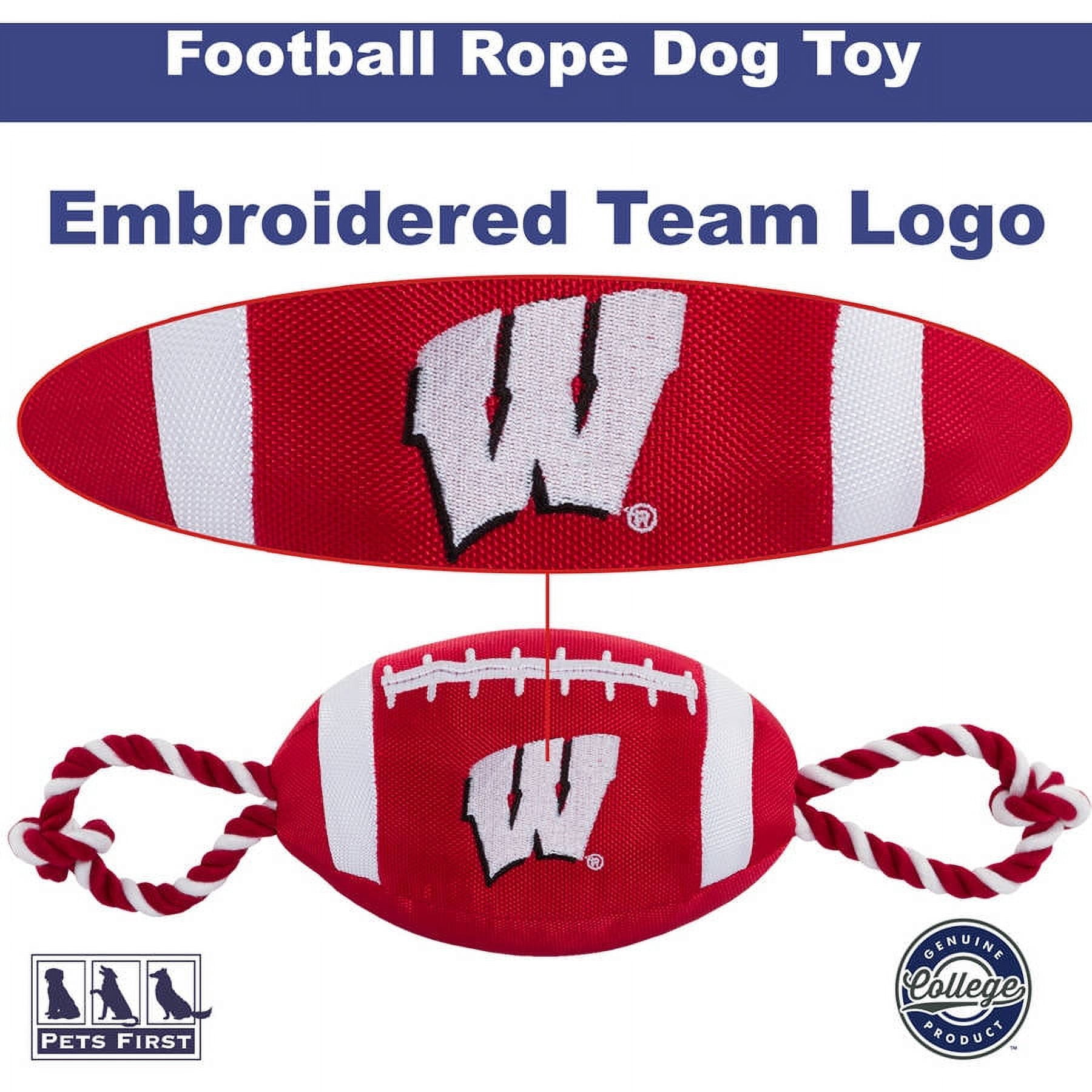 Pets First NCAA Wisconsin Badgers Strong, Durable, Chewable Football Dog Toy with Inner Squeaker and Side Ropes, Officialy Licensed
