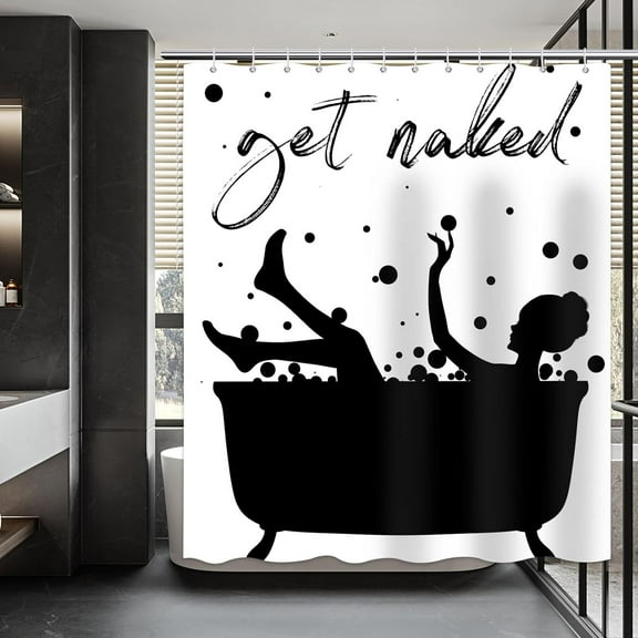 Get Naked Shower Curtain Black White Funny Quote Simple Fun Letters Print Shower Curtain for Bathroom Decor Set with 12 Hooks 72x72 Inches