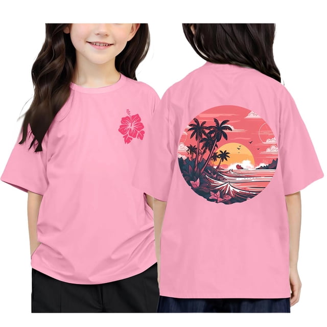 T-shirts Filles Été Imprimé des Deux Côtés Col Rond Manches Courtes Décontracté Hauts Filles Rose 4-5 Ans
