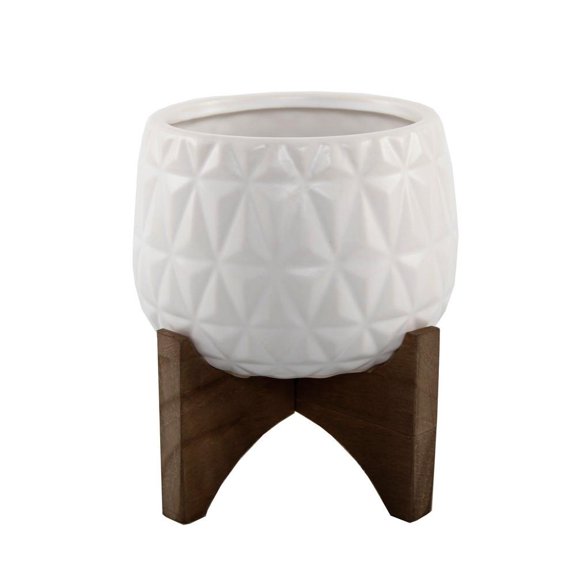 5 In. Matte White Kaleid Ceramic On Wood Stand Mid-Century Planter