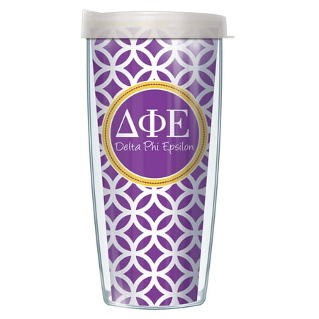 

Signature Tumblers Delta Phi Epsilon Insignia Wrap on Purple and White Roundabout 16 Ounce Double-Walled Travel Tumbler Mug with Pearl White Easy Sip Lid