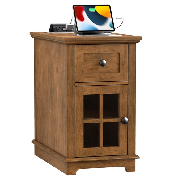 PLAMLE End Table with Charging Station, Wooden Side Table with Drawer and Cabinet, USB Ports & Power Outlets Storage Nightstand for Bedroom, Living Room