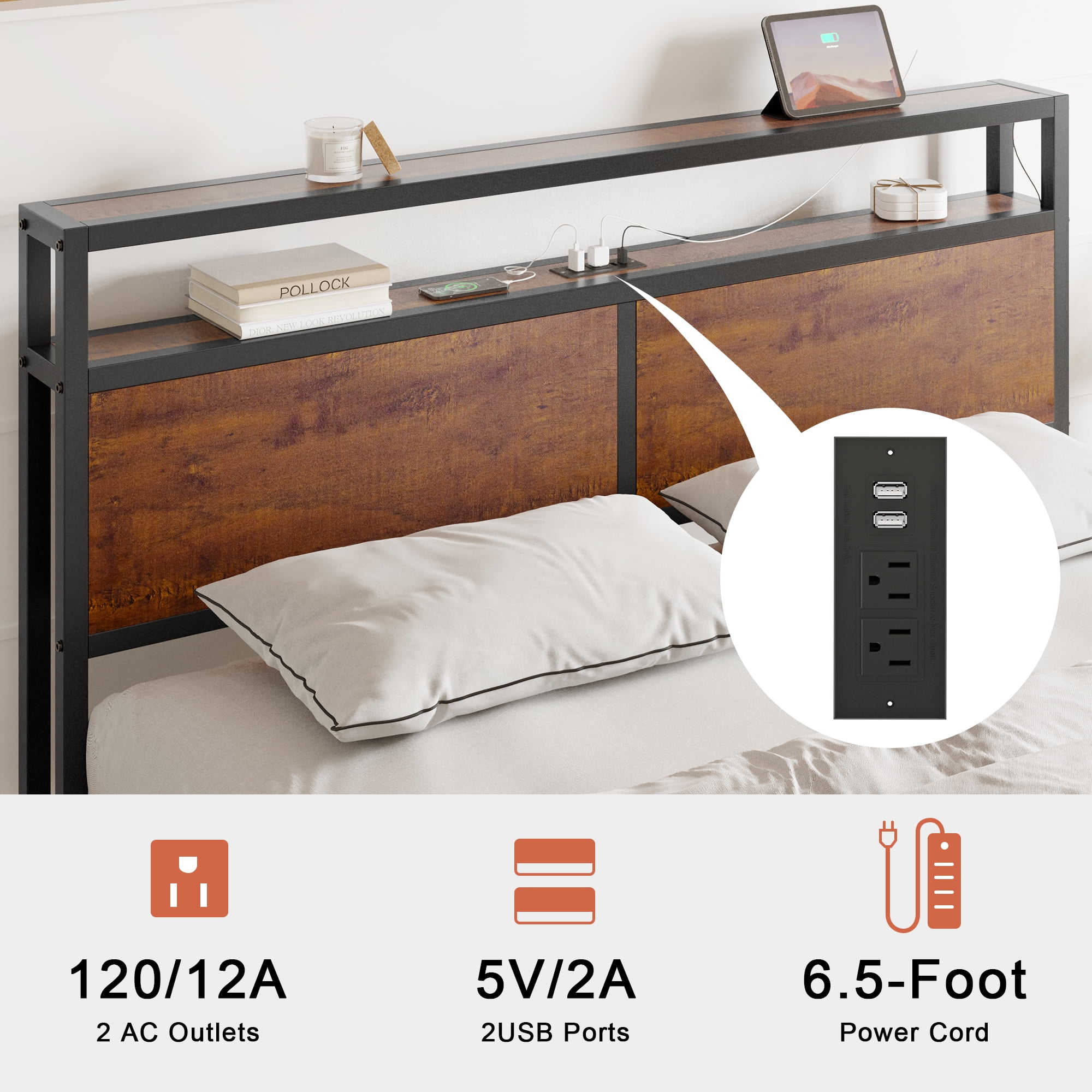 GUNAITO Queen Bed Frame with Headboard Metal Platform Bed with LED Lights and Charging Station, Rustic Brown