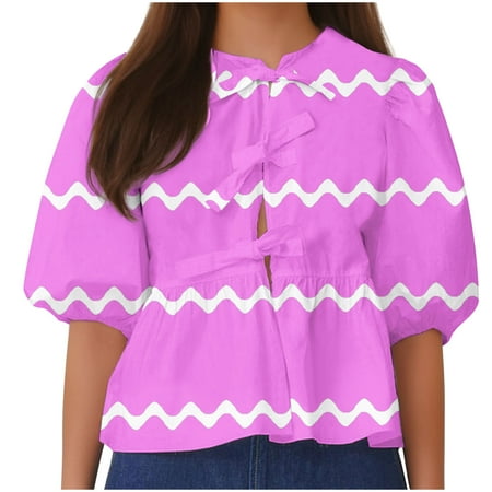 Dovford Women Bow Tie Front Shirt Top Cute Puff Sleeve Y2K Peplum Ruffle Babydoll Blouse Lace Up Summer Going Out 2024