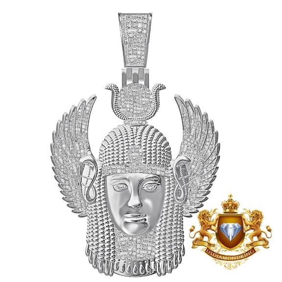Real Diamond Egyptian Sky Sun God Ra Horus Goddess Winged Hathor Pendent Charm Over White Gold