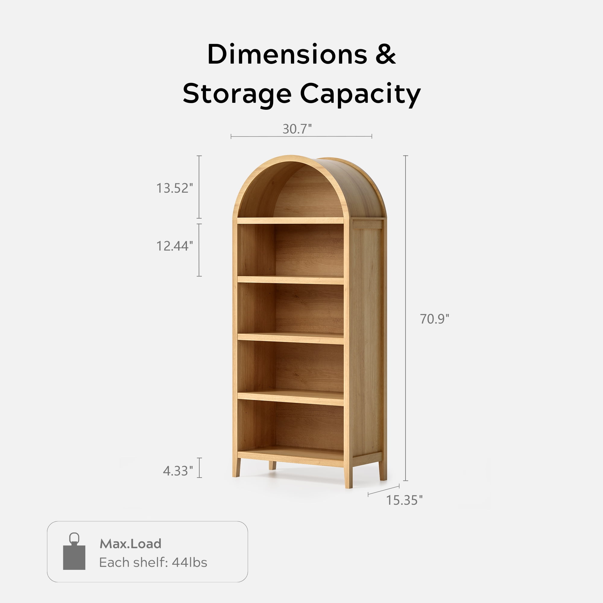 EYYTHUNG 5-Tier Arched Bookcase with Adjustable Shelves, 71" Tall