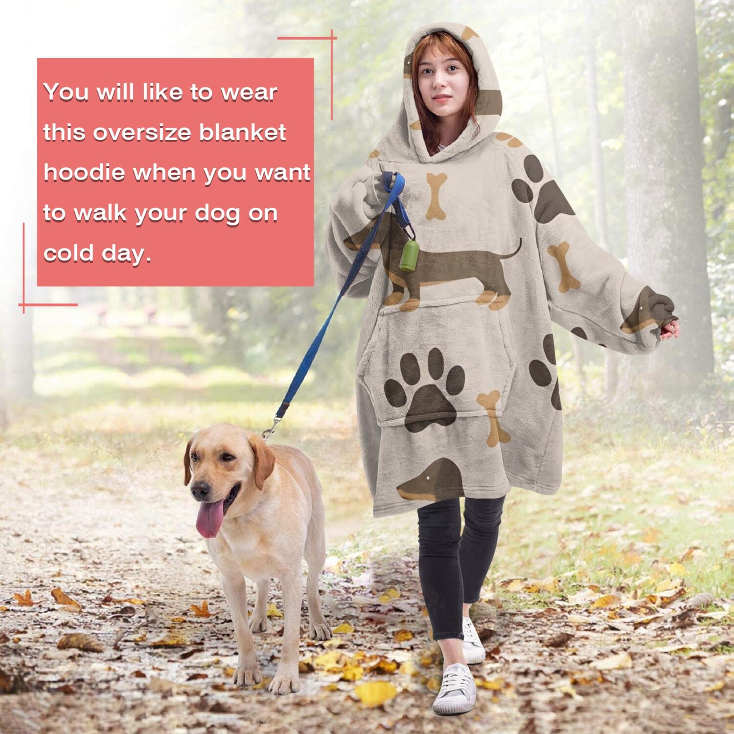 Wearable Oversized Blanket,Dachshund and Paws Wearable Blanket Hoodie for Adults,Cozy Hooded Blankets with Super Pockets,Super Warm Fuzzy Pullover for Women & Men