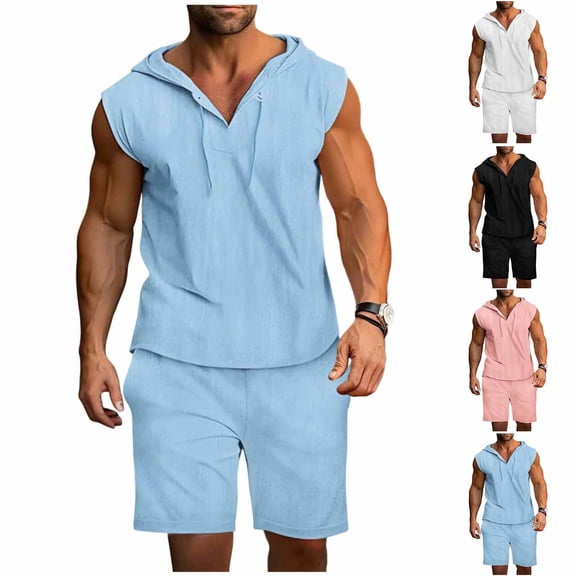 WIZUTIZ Summer Two Piece Set Men's Travel Short Sleeve Tshirt & Shorts Matching Set Sports Tracksuit Sweatsuit Hooded