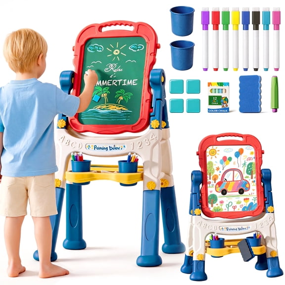 Caunedy Double-Sided Magnetic Kid Art Easel,Whiteboard & Chalkboard,Adjustable Height,Complete Drawing PlaysetGift for Kids Aged 3-8