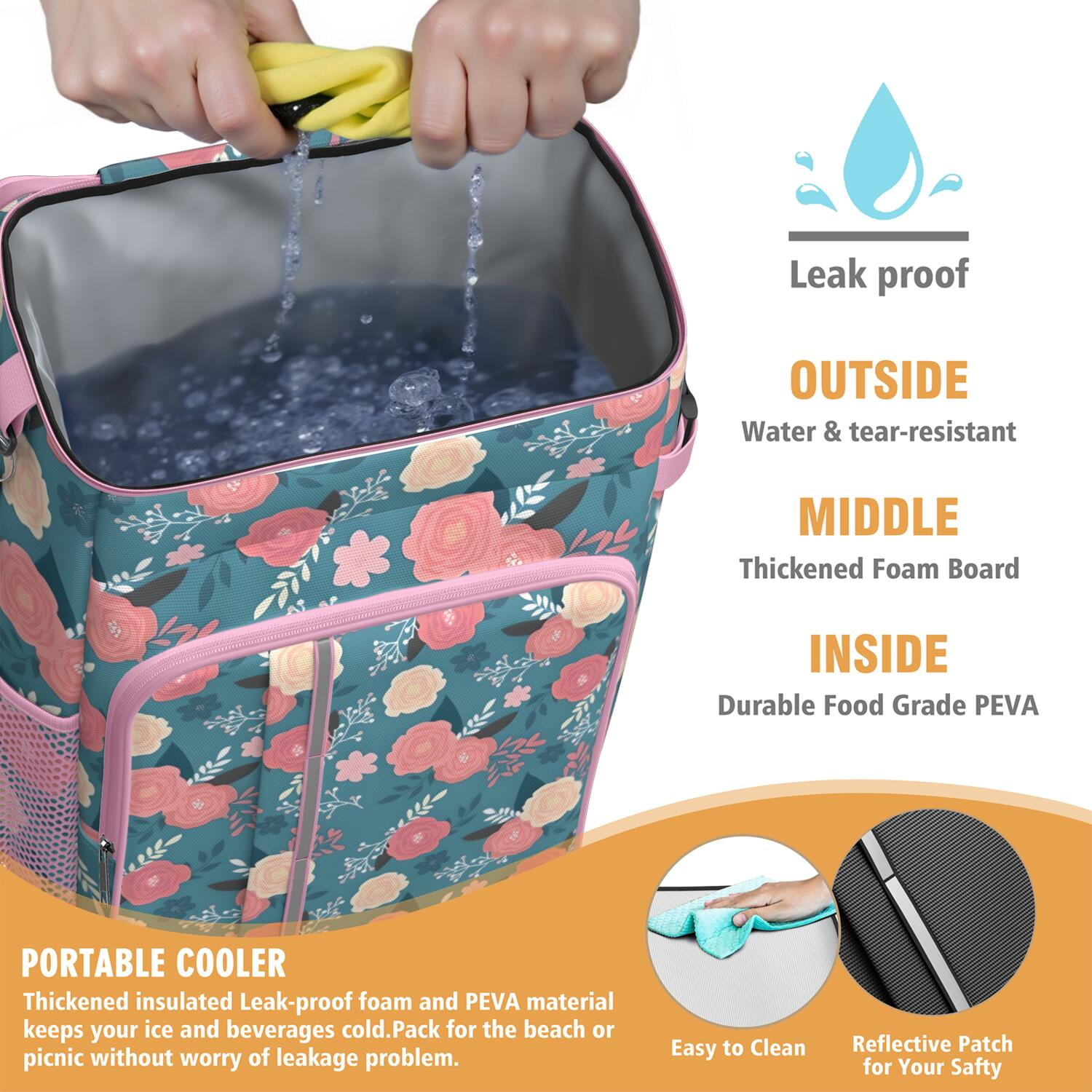 Travel Cooler Bag - Pioneer Flower Floral Print Pattern Camping Beer Cooler Backpack with Bottle Opener- Waterproof Insulated Picnic Backpacks - Cooler Bag for Beach