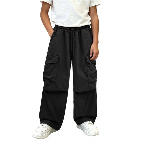 StSilkitty Baggy Cargo Pants for Boys Girls Solid Color High Waisted Elastic Drawstring Wide Leg Hiking Pants with Pockets