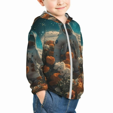 

Uemuo Astronaut Flower Field Pattern Rash Guard for Boys Girls Long Sleeve Swim Shirts UPF 50+ UV Sun Protection Hooded Fishing Shirt with Pocket for Kid-4 Years