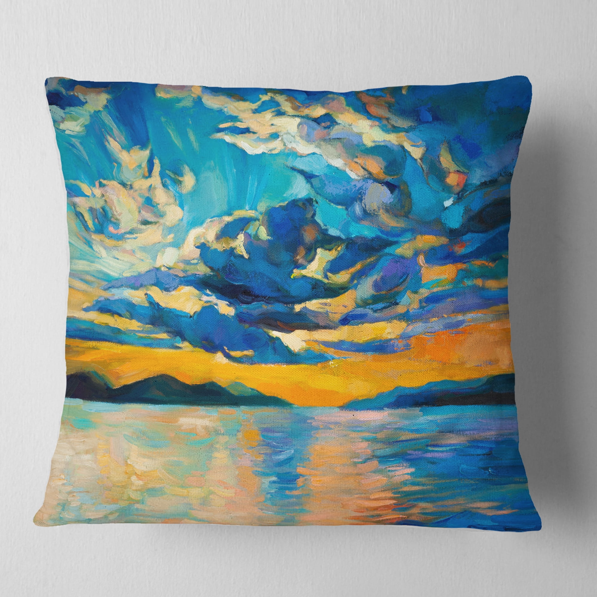 Designart Orange Sunset with Blue Sky - Modern Painting Throw Pillow - 18x18