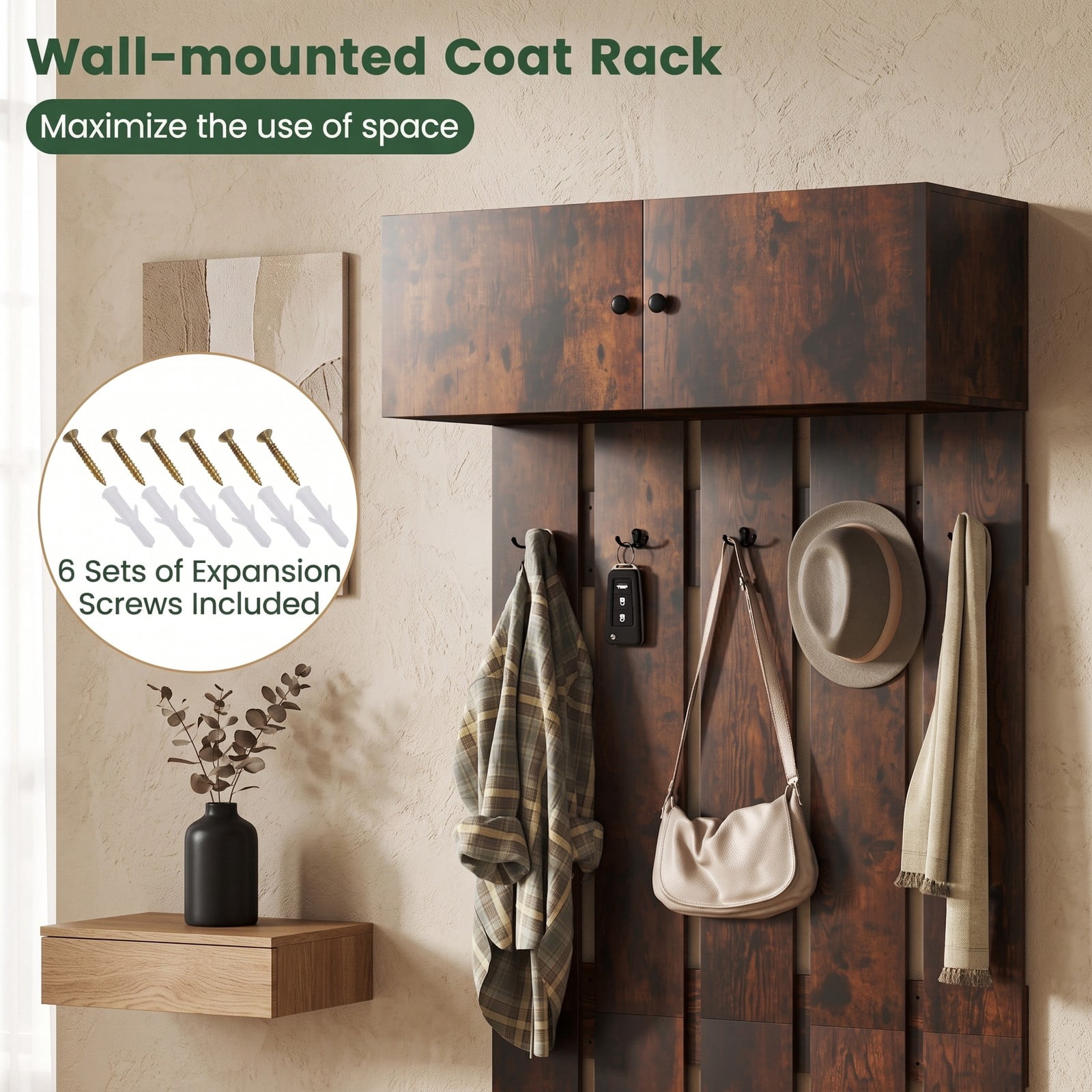 Furnibear Wall Mounted Coat Rack with Upper Storage Cabinet and 5 Metal Hooks for Entryway Kitchen and Living Room, Rustic Brown