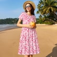 thumbnail image 4 of Gukieu pink heart Print Women's Short Sleeve Dress, Elastic Waistband A-line with Pockets Summer Dress, Suitable for Daily Leisure, Work, Vacation, 4 of 6