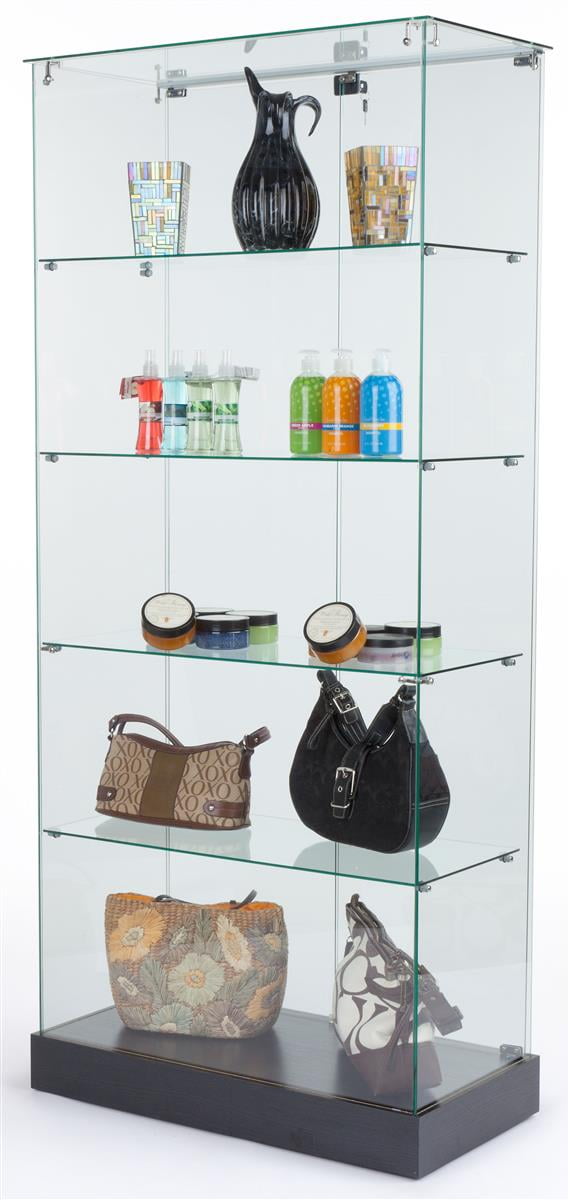 Tempered Glass Frameless Design Display Case With 4 Shelves And Black