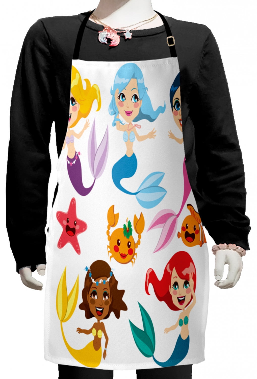 Underwater Kids Apron, Illustration of Colorful Mermaids and Sea Friends Kids Cheering Joyful, Boys Girls Apron Bib with Adjustable Ties for Cooking Baking Painting, Multicolor, by Ambesonne