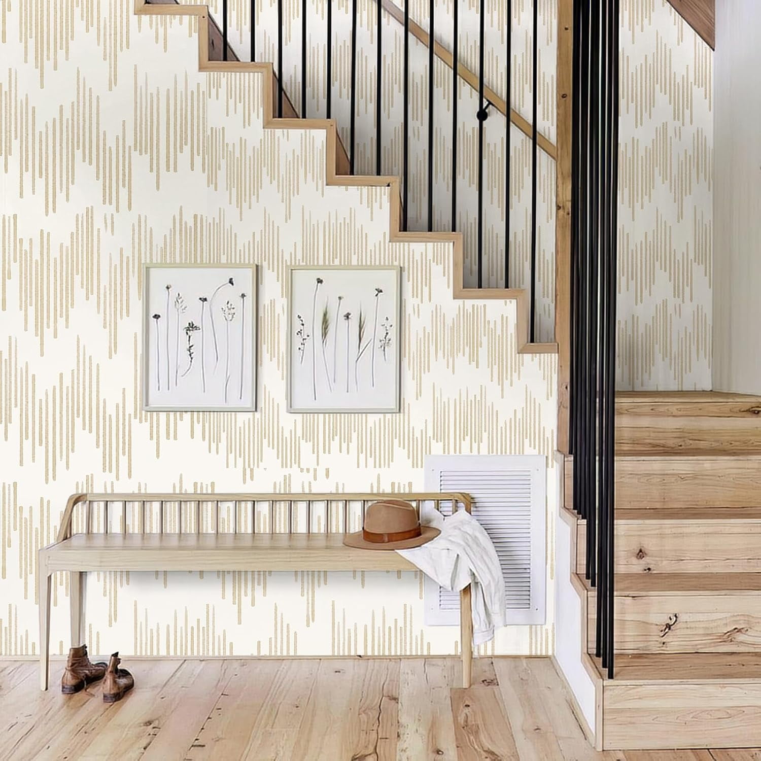 DAZLUTE Peel and Stick Wallpaper Beige Striped Wallpaper Geometric Contact Paper Self Adhesive Removable Wall paper Decorative for Home Bedroom Cabinets Thicken,17.32 in x 394 in