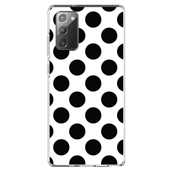 DistinctInk Clear Shockproof Hybrid Case for Samsung Galaxy Note 20 (6.7" Screen) - TPU Bumper, Acrylic Back, Tempered Glass Screen Protector - Black & White Polka Dots