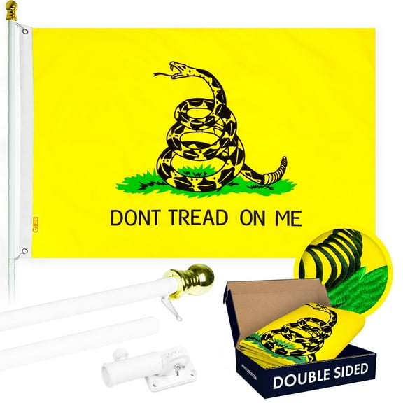 G128 - 5 Feet Tangle Free Spinning Flagpole (White) Gadsden Flag Double Sided Brass Grommets Embroidered 2x3 ft (Flag Included) Aluminum Flag Pole