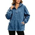 thumbnail image 2 of Women's Quarter Zip Hoodie Denim Pullover Oversized Long Sleeve Casual Hooded Top with Kangaroo Pocket Relaxed Fit Sweatshirt for Daily Commute Weekend Outings, 2 of 8