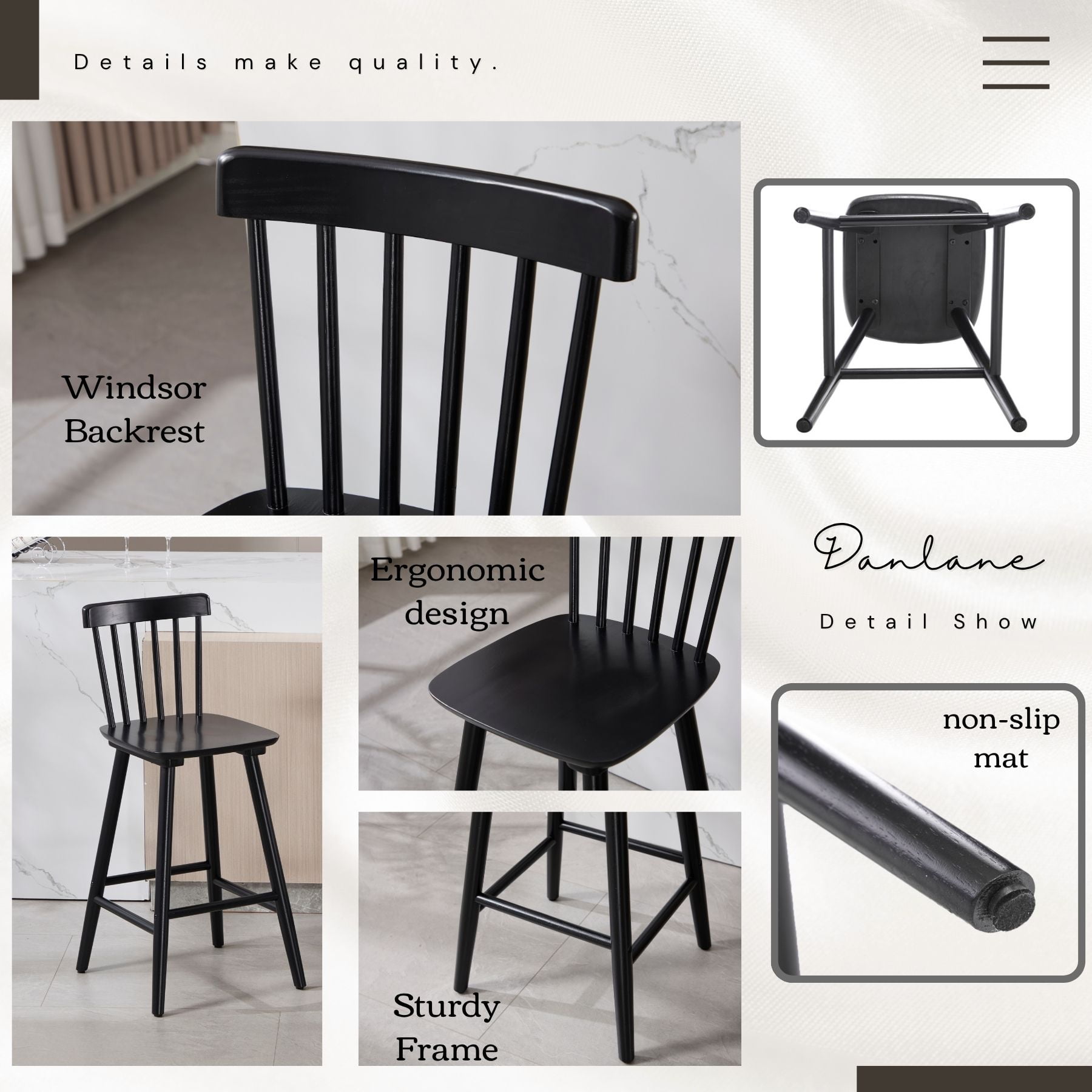 Dayalane Windsor Bar Stools Set of 2, 26" Farmhouse Wooden Counter Height Barstools with Spindle Back & Footrest, Armless Kitchen Island Stools for Bistro, Pub, Breakfast Bar,Black
