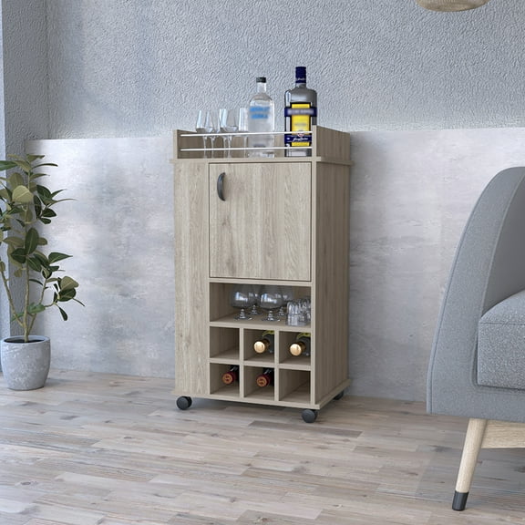 Gray Mobile Bar Cart - 6 Wine & Ergonomic Design In For Liquor, Compact Storage