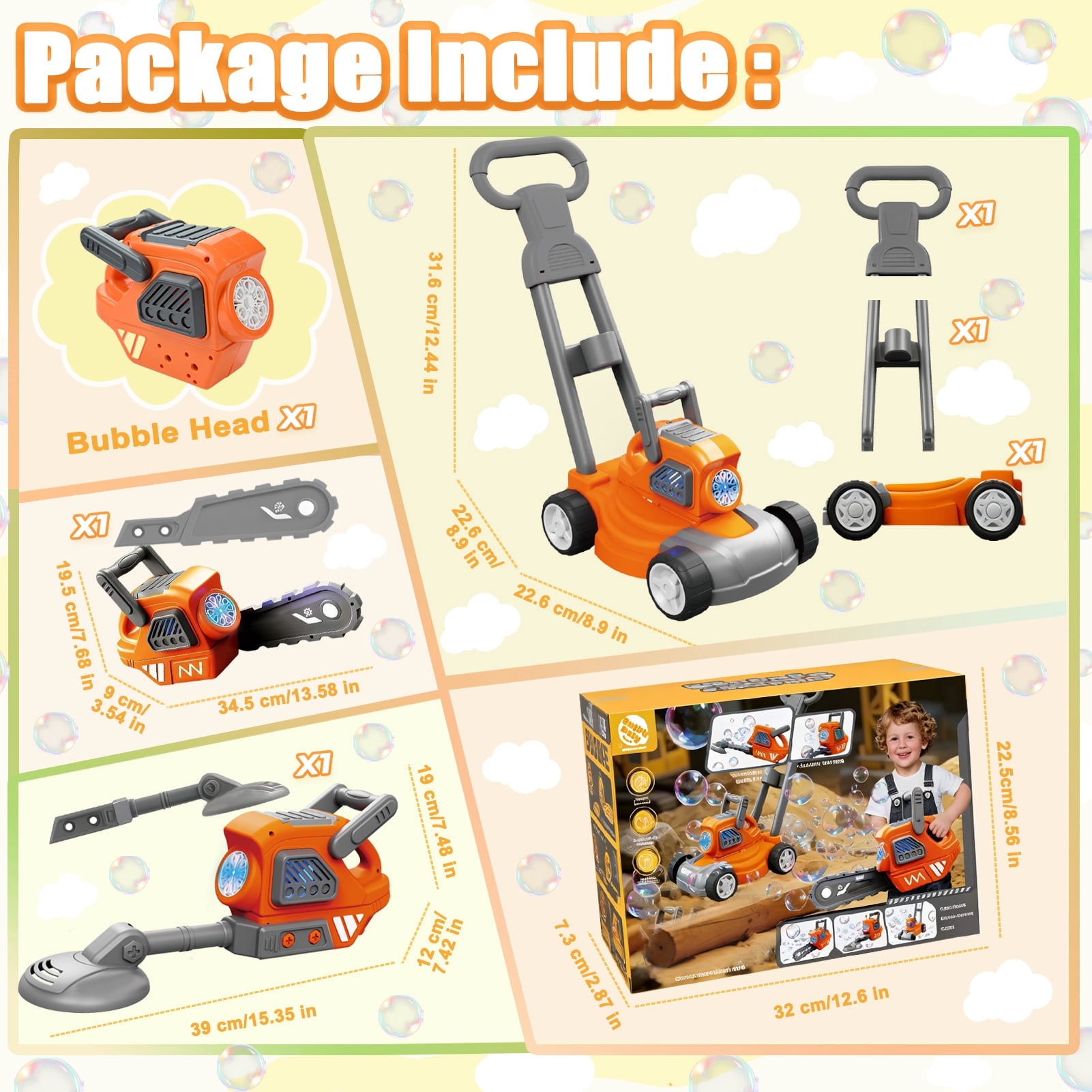 Sunforu 3PC Bubble Machine Toy Set for Toddlers, Include Bubble Lawn Mower,Saw & Watering Can, Indoor Outdoor Play Push Toy for Boy Girl