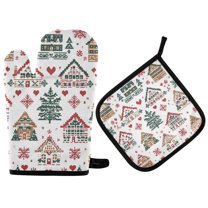 Yayeee Oven Mitts and Pot Holder Set of 2 Heat Resistant Kitchen Gloves Baking Hot Pad, Beige Nordic Christmas House
