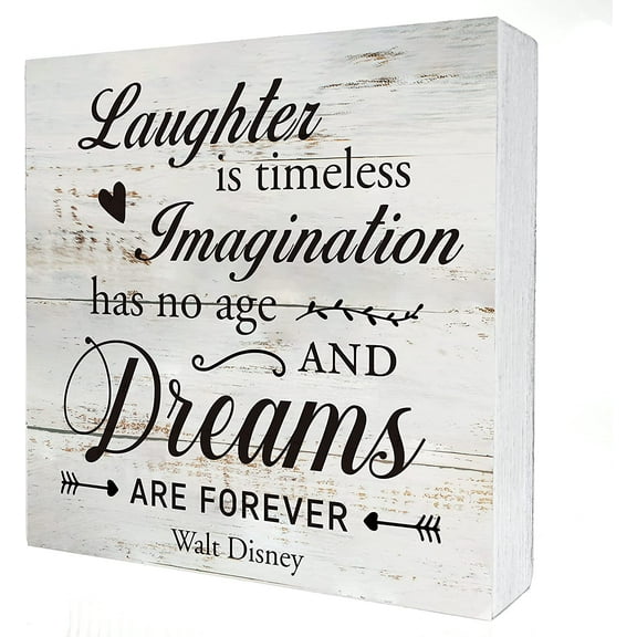 Zomyto 7x7 IN Inspirational Quote Laughter Imagination Dreams Wooden Box Sign Desk Decor Rustic Wood Block Plaque