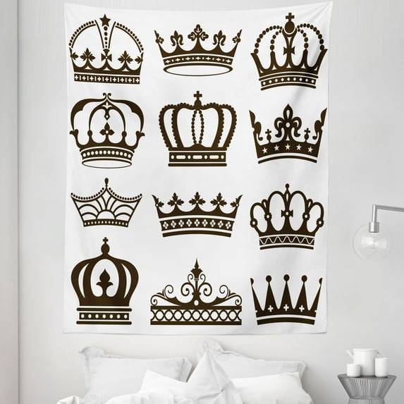 King Tapestry, Royalty Crowns Tiaras for Reign Queen Prince Cartoon Desgin, Fabric Wall Hanging Decor for Bedroom Living Room Dorm, 5 Sizes, Dark Green Brown White, by Ambesonne