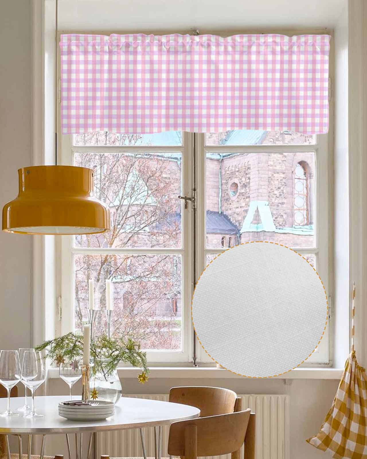 Pink Grid Kitchen Valances for Windows Farmhouse Linen Window Valance Curtain for Living Room Window Treatment Checkered Plaid Gingham Lattice Trellis Print Valance Rod Pocket Topper, 54 x 18 Inch