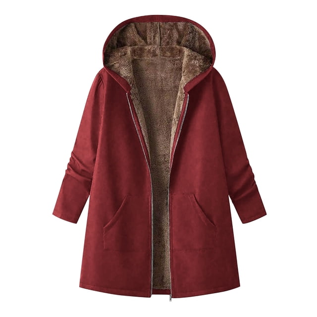 HAiming Womens Fleece Lined Long Hooded Jacket Oversized Zip up Coat Fall Winter Trendy Tops with Pockets