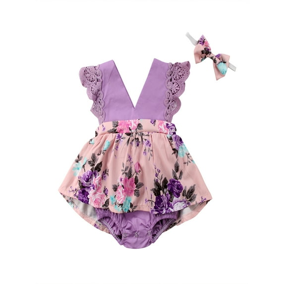 Gureui Matching Clothes for Girls and Sisters Outfit Sleeveless Deep V-neck Floral Print Dress Romper Lace Flower One-Pieces Jumpsuits