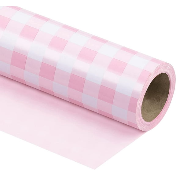 WRAPAHOLIC Reversible Wrapping Paper - Mini Roll - 17 Inch X 33 Feet - Pink and White Plaid Design for Birthday, Holiday, Wedding, Baby Shower