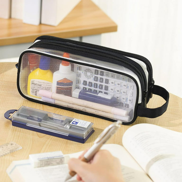 Tiitstoy Large Grid Mesh Pencil Case 2 Compartment Pen Bag Clear Handheld  Multifunction Pencil Pouch Transparent Makeup Bag for Teen Student College  Business Travel Office Adult - Coffee 