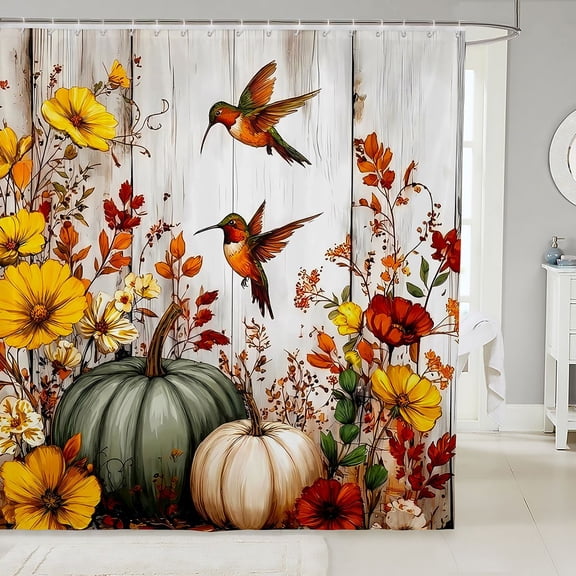 Manfei Harvest Season Hummingbird Shower Curtain 72Wx72L,Farmhouse Pumpkin Bathroom Curtain