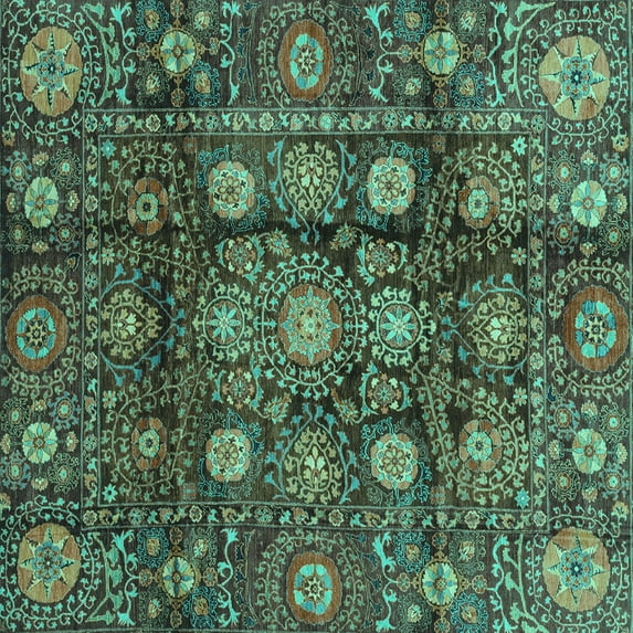 Ahgly Company Machine Washable Indoor Square Oriental Turquoise Blue Traditional Area Rugs, 6' Square