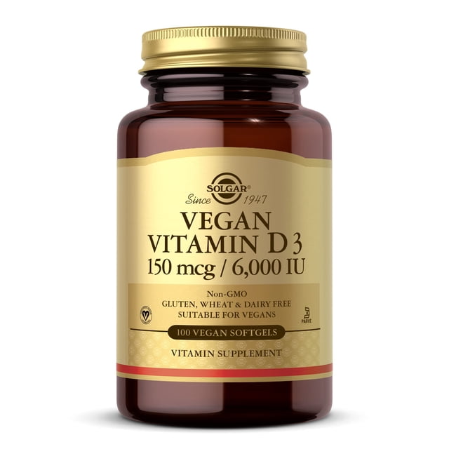 Suplemento Solgar de vitamina D3 vegana 150 mcg (6000 UI) 100 cápsulas blandas