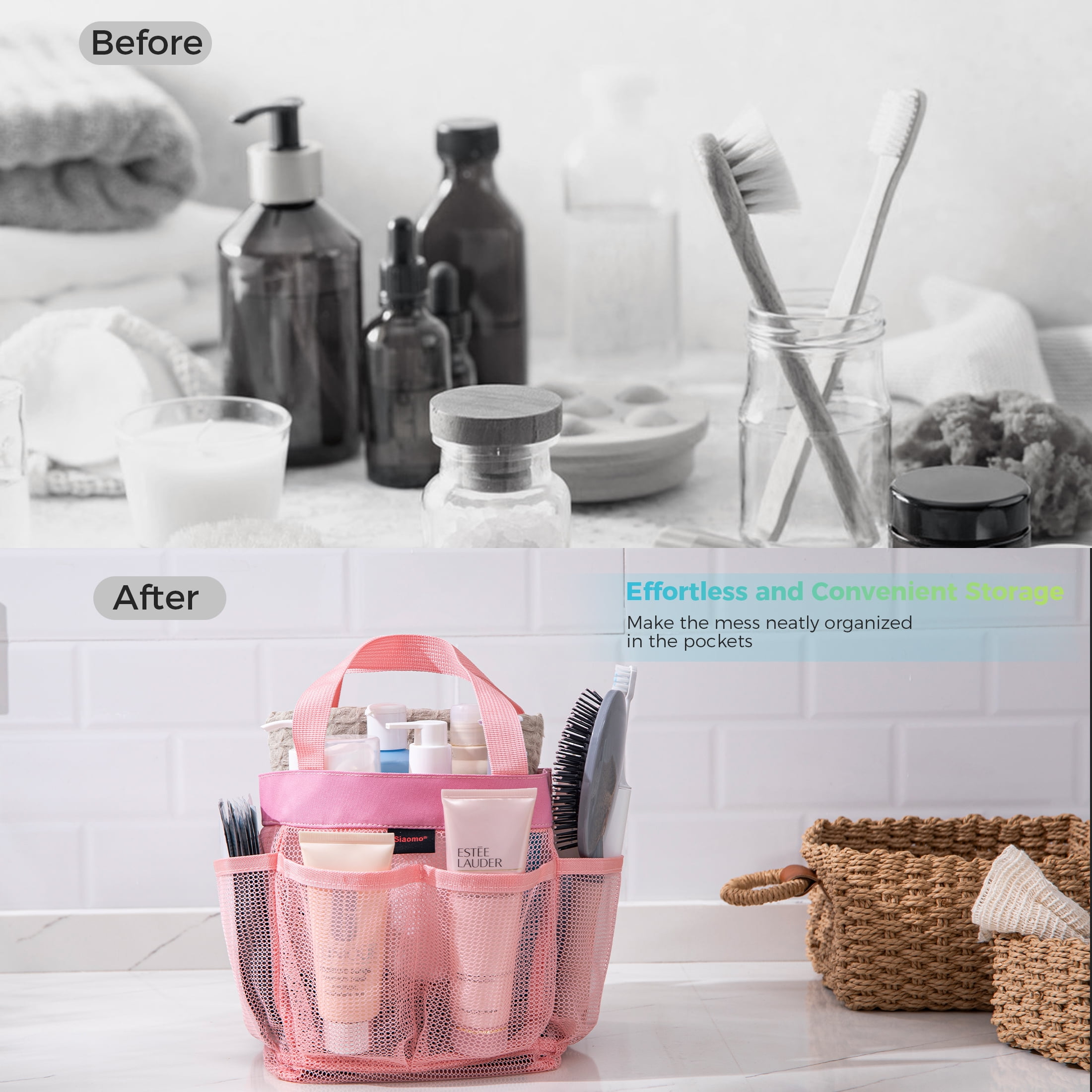 Siaomo Mesh Shower Caddy,Tote Bag for College Dorm,Bathroom,8 Pocket Basket,Quick Dry  Pink  (图4)
