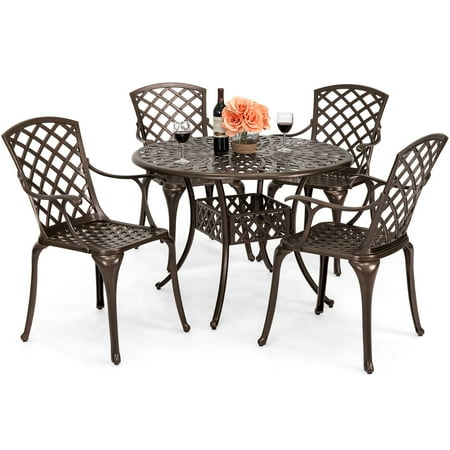 Best Choice Products 5 Piece All Weather Cast Aluminum Patio Dining Set With 4 Chairs Umbrella Hole And Lattice Weave Design Brown
