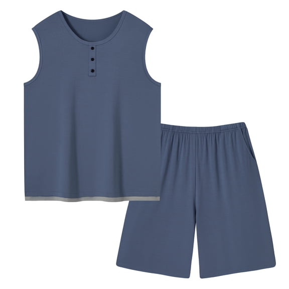 IROINNID Men's Sleeveless Henley Tank Top and Shorts Set with Button Placket Elastic Waist and Pockets Relaxed Casual Summer Lounge Wear